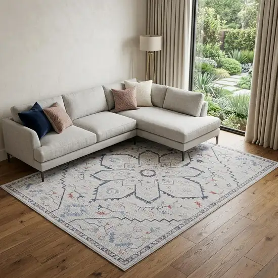 Ivory and Blue Oriental Power Loom Washable Area Rug Photo 1