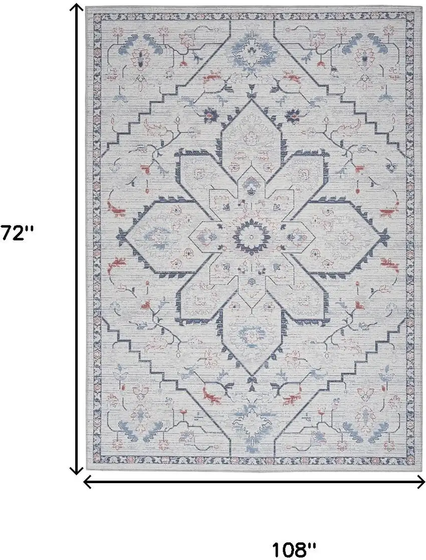Ivory and Blue Oriental Power Loom Washable Area Rug Photo 9