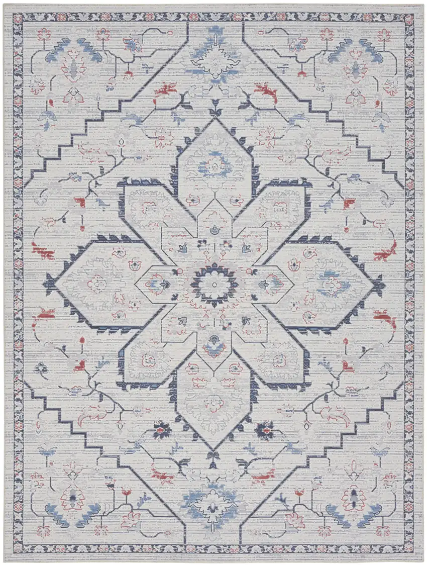 Ivory and Blue Oriental Power Loom Washable Area Rug Photo 1