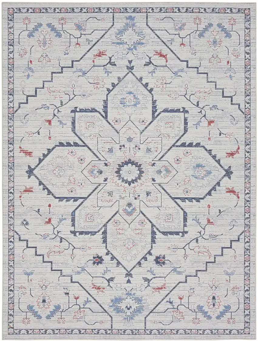 Ivory and Blue Oriental Power Loom Washable Area Rug Photo 2