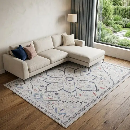Ivory and Blue Oriental Power Loom Washable Area Rug Photo 1