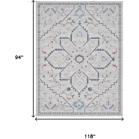 Ivory and Blue Oriental Power Loom Washable Area Rug Photo 8