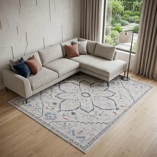 Ivory and Blue Oriental Power Loom Washable Area Rug Photo 1