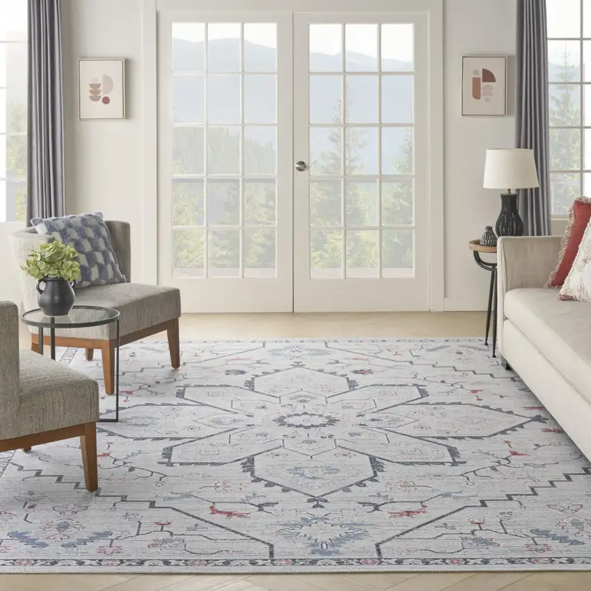 Ivory and Blue Oriental Power Loom Washable Area Rug Photo 6