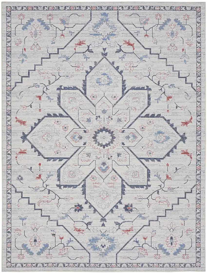 Ivory and Blue Oriental Power Loom Washable Area Rug Photo 1