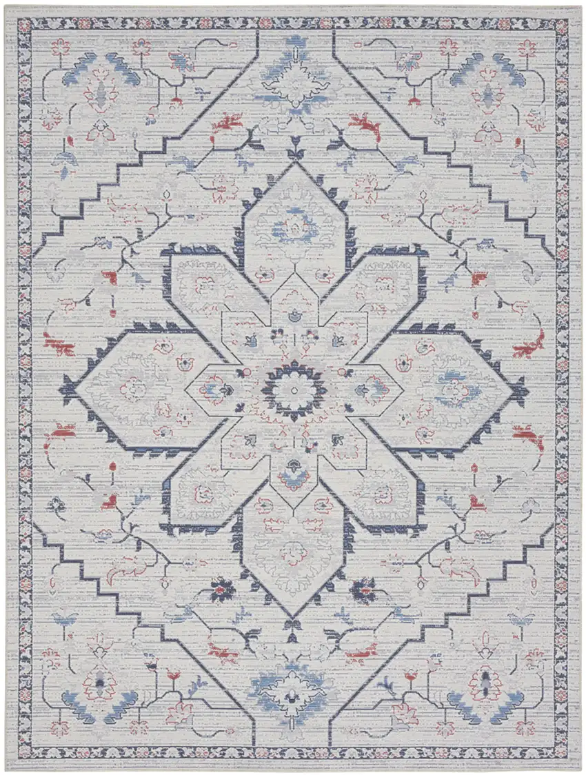 Ivory and Blue Oriental Power Loom Washable Area Rug Photo 2