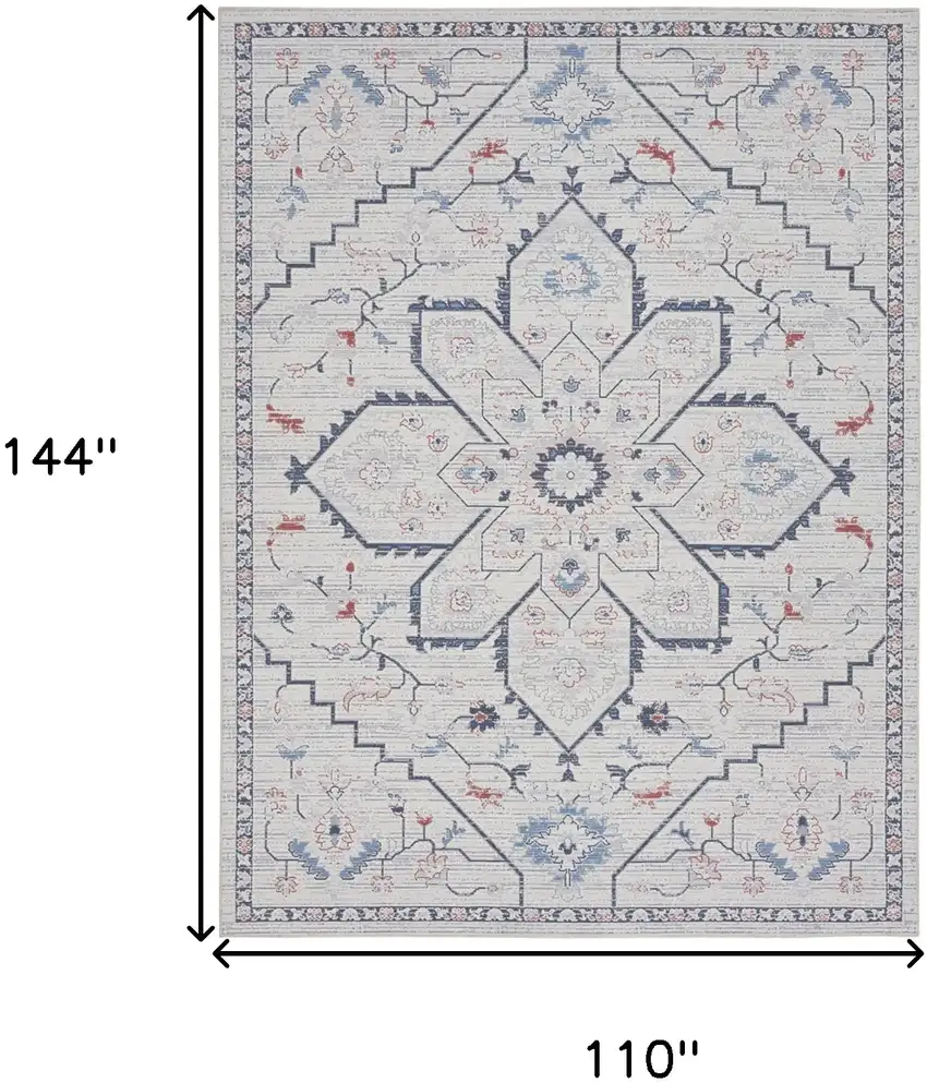 Ivory and Blue Oriental Power Loom Washable Area Rug Photo 9