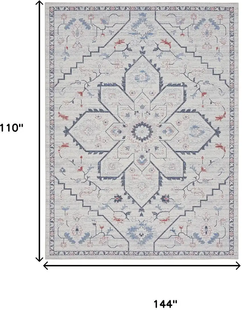 Ivory and Blue Oriental Power Loom Washable Area Rug Photo 3