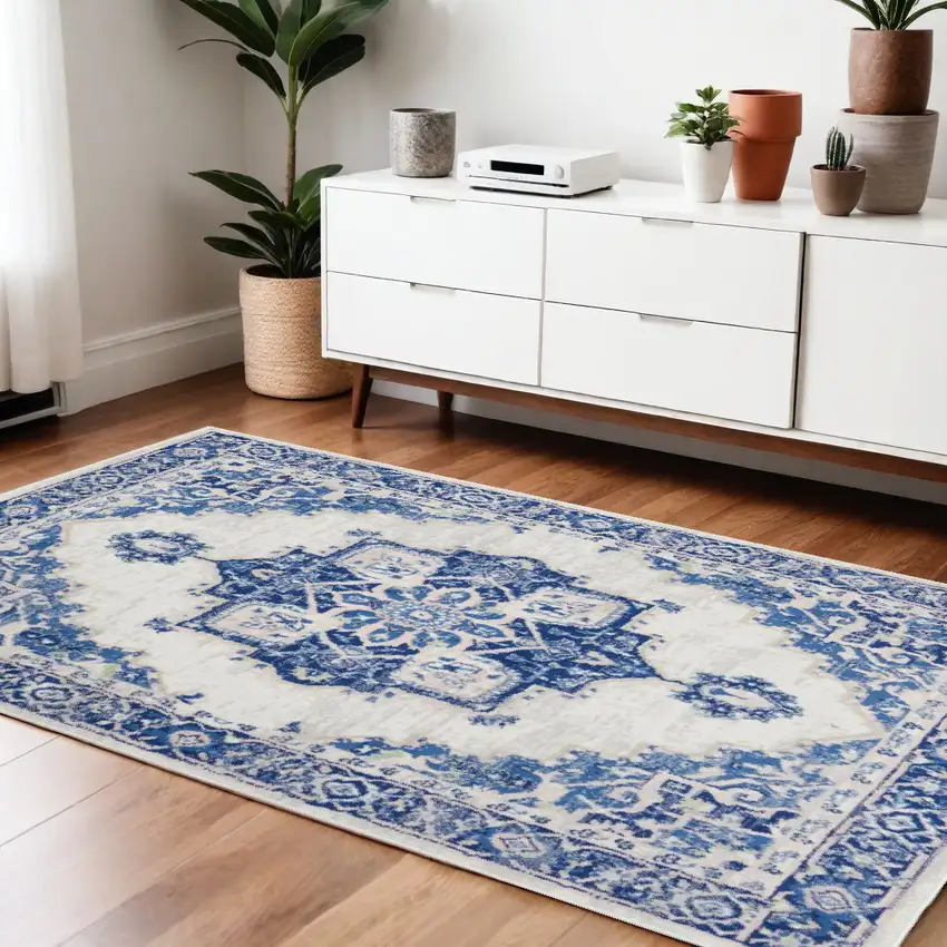 Ivory And Blue Medallion Area Rug Photo 2