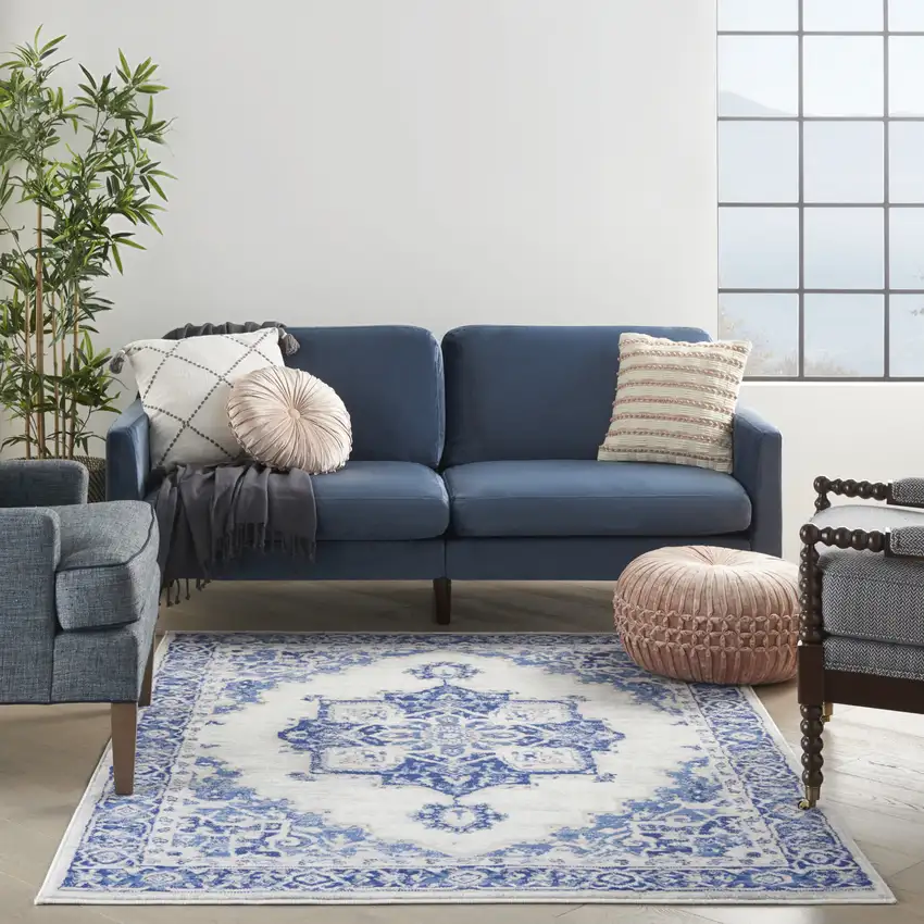 Ivory And Blue Medallion Area Rug Photo 5