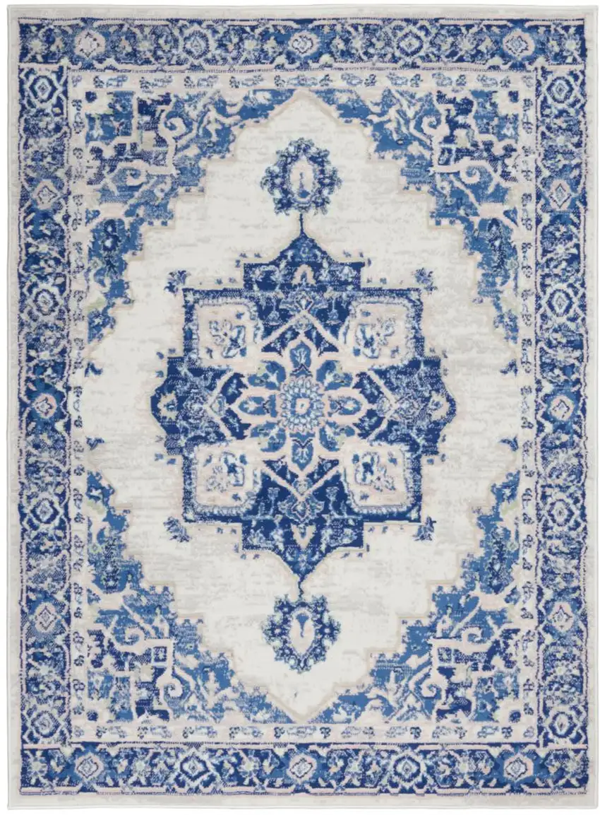 Ivory And Blue Medallion Area Rug Photo 1