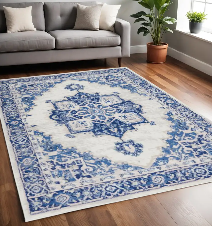 Ivory And Blue Medallion Area Rug Photo 2