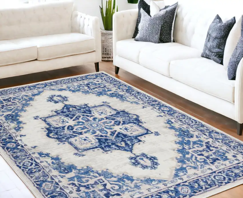 Blue And Ivory Floral Dhurrie Area Rug Photo 1