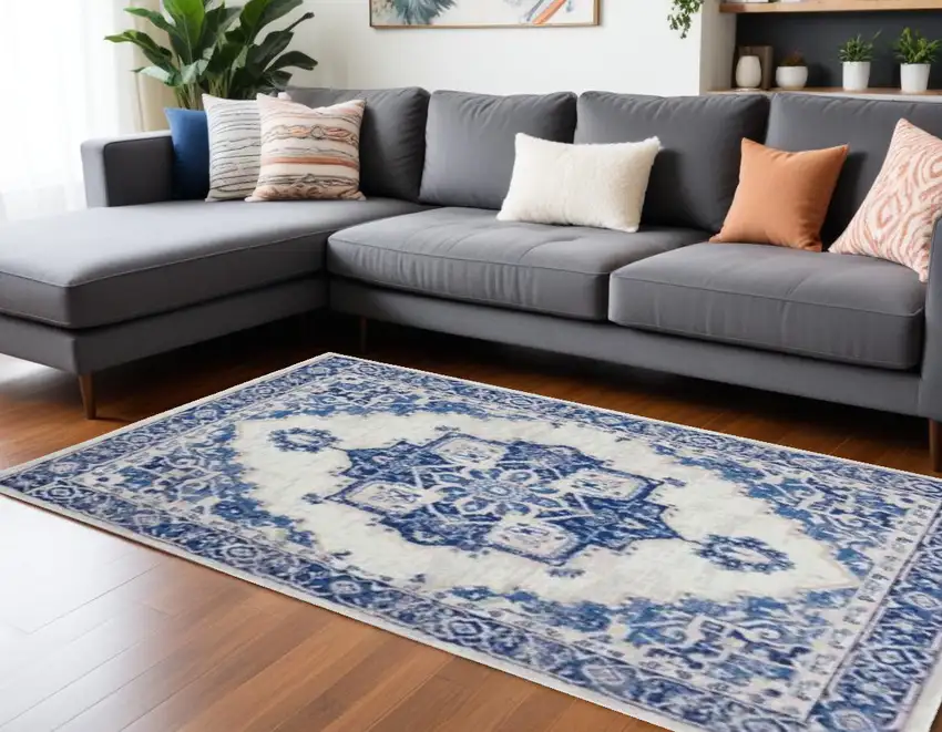 Blue And Ivory Floral Dhurrie Area Rug Photo 1