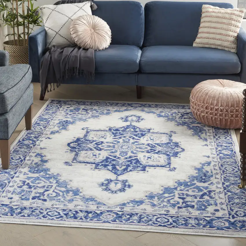 Ivory And Blue Floral Area Rug Photo 7
