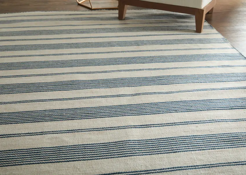 Ivory and Blue Striped Hand Woven Area Rug Photo 5