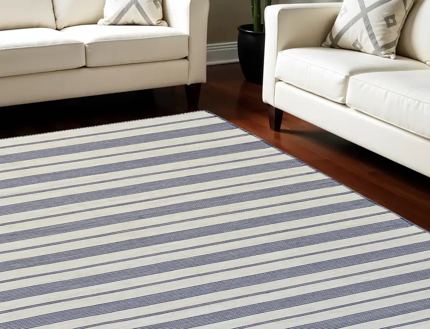 Ivory and Blue Striped Hand Woven Area Rug Photo 1