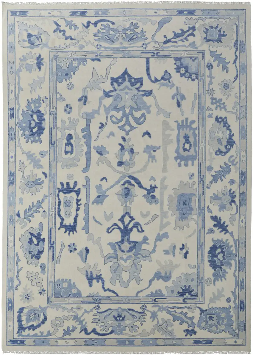 Ivory and Blue Wool Floral Hand Knotted Area Rug With Fringe Photo 2