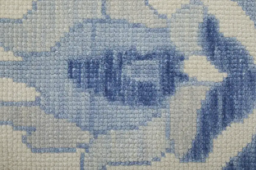 Ivory and Blue Wool Floral Hand Knotted Area Rug With Fringe Photo 9