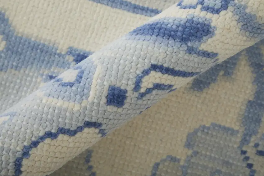 Ivory and Blue Wool Floral Hand Knotted Area Rug With Fringe Photo 8