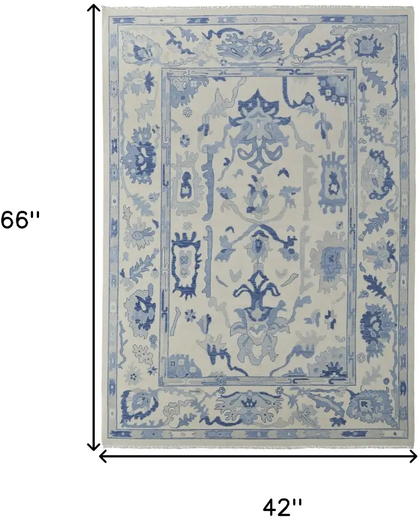 Ivory and Blue Wool Floral Hand Knotted Area Rug With Fringe Photo 6