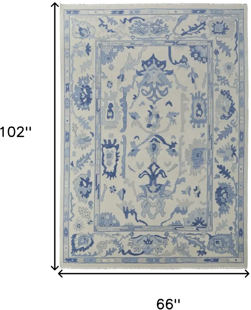 Ivory and Blue Wool Floral Hand Knotted Area Rug With Fringe Photo 3