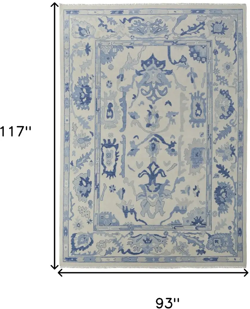 Ivory and Blue Wool Floral Hand Knotted Area Rug With Fringe Photo 3