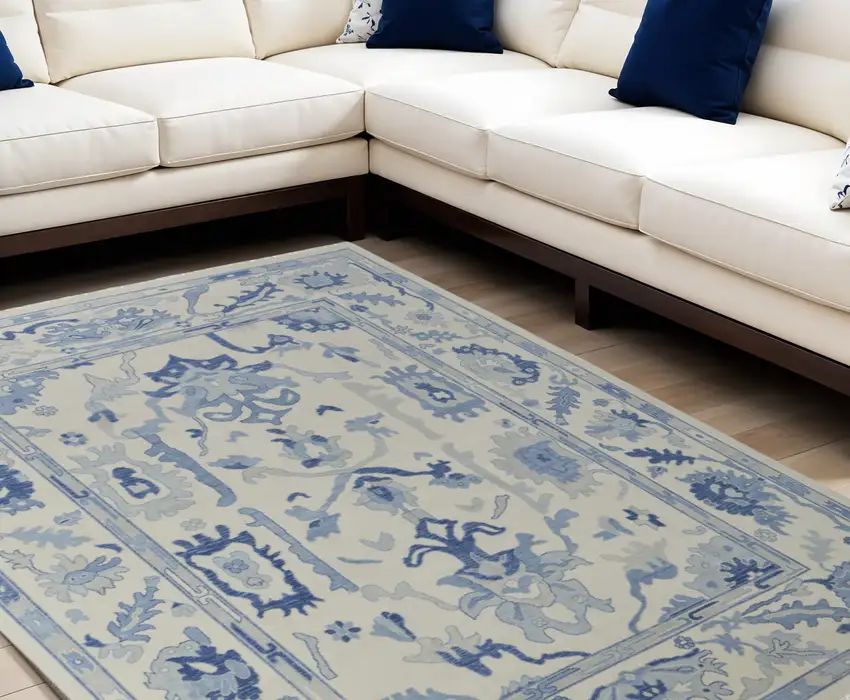 Ivory and Blue Wool Floral Hand Knotted Area Rug With Fringe Photo 1