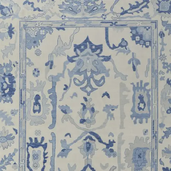 Ivory and Blue Wool Floral Hand Knotted Area Rug With Fringe Photo 7