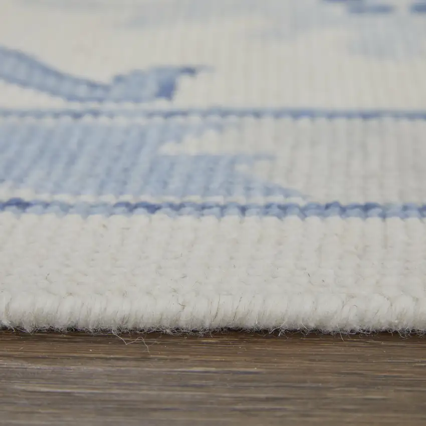 Ivory and Blue Wool Floral Hand Knotted Area Rug With Fringe Photo 8