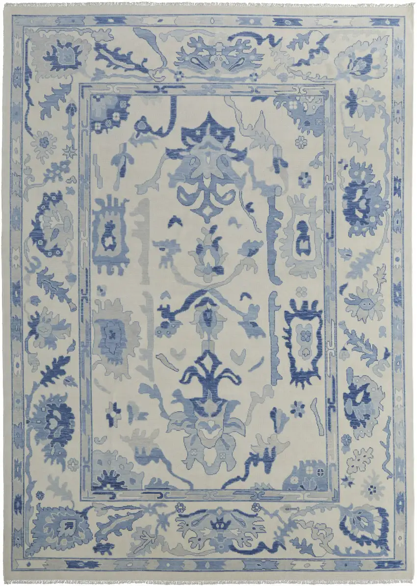 Ivory and Blue Wool Floral Hand Knotted Area Rug With Fringe Photo 5