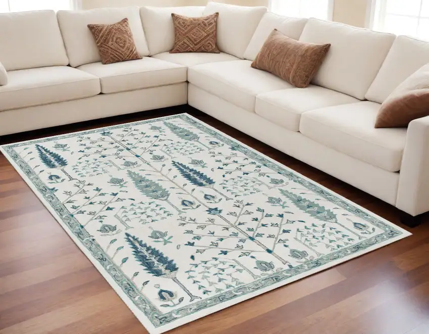 Ivory and Blue Wool Floral Hand Tufted Area Rug Photo 1