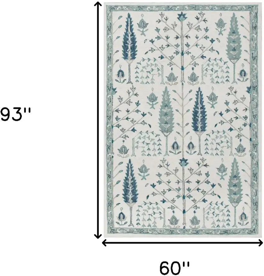 Ivory and Blue Wool Floral Hand Tufted Area Rug Photo 3