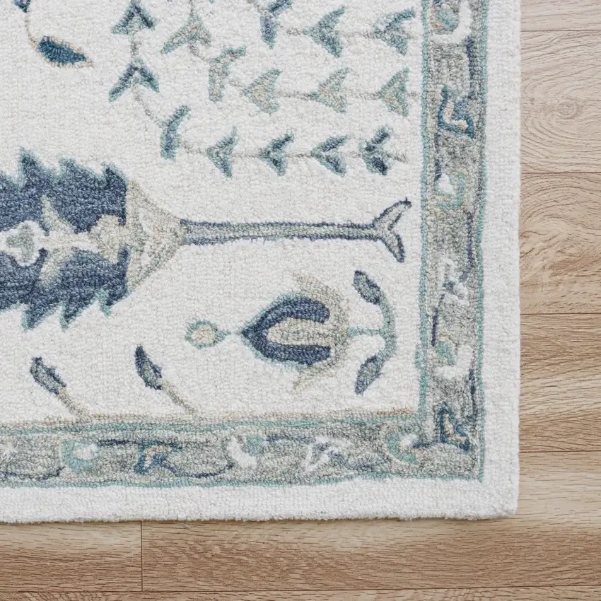 Ivory and Blue Wool Floral Hand Tufted Area Rug Photo 4