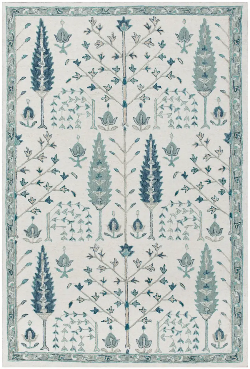 Ivory and Blue Wool Floral Hand Tufted Area Rug Photo 2
