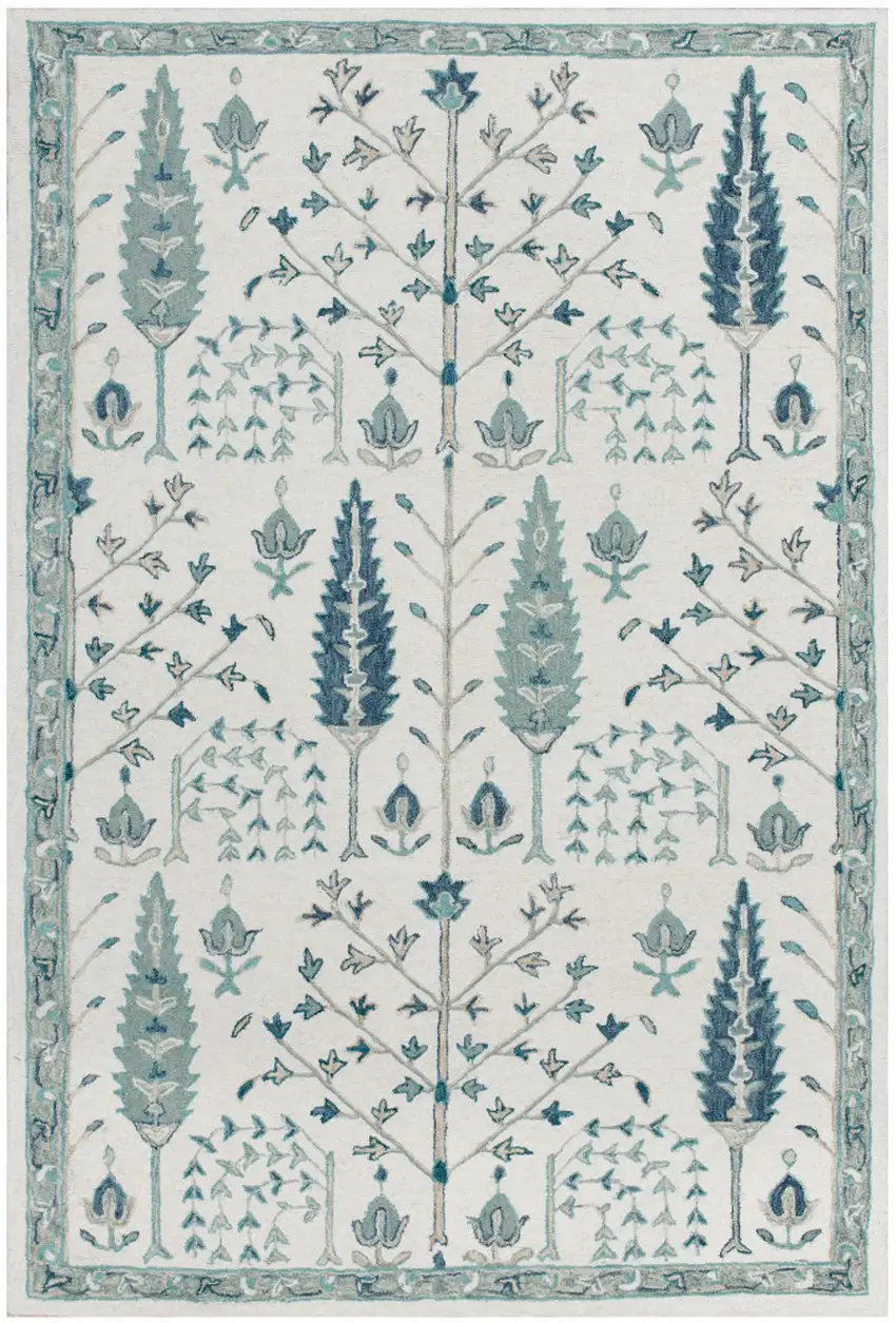 Ivory and Blue Wool Floral Hand Tufted Area Rug Photo 6