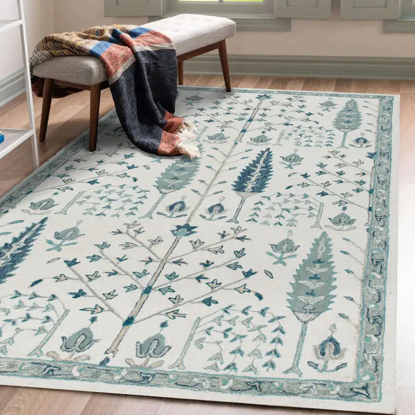 Ivory and Blue Wool Floral Hand Tufted Area Rug Photo 7