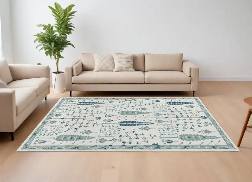 Ivory and Blue Wool Floral Hand Tufted Area Rug Photo 1