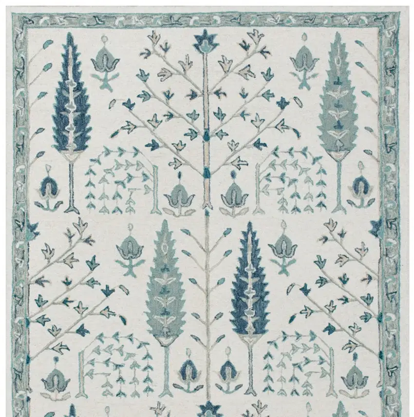 Ivory and Blue Wool Floral Hand Tufted Area Rug Photo 7