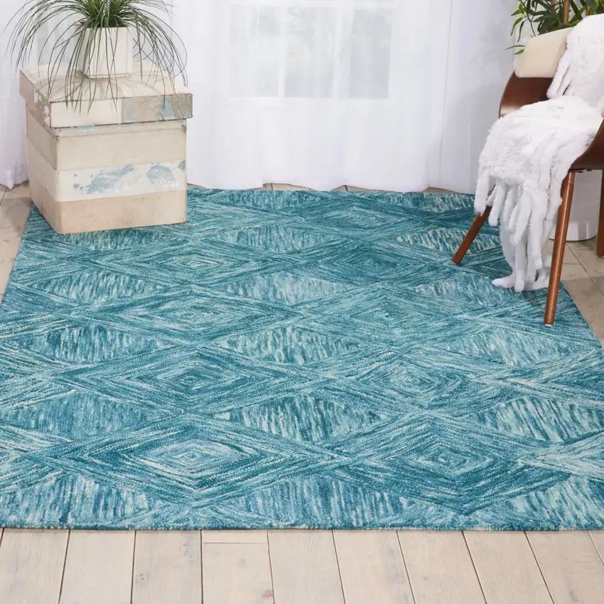 Ivory and Blue Wool Geometric Area Rug Photo 8