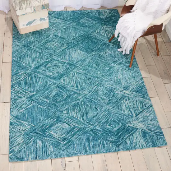 Ivory and Blue Wool Geometric Area Rug Photo 6