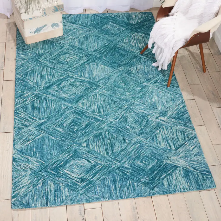 Ivory and Blue Wool Geometric Area Rug Photo 6