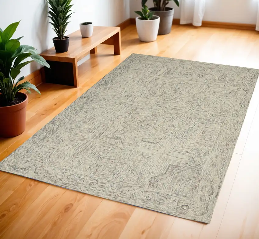 Ivory and Blue Wool Geometric Area Rug Photo 1