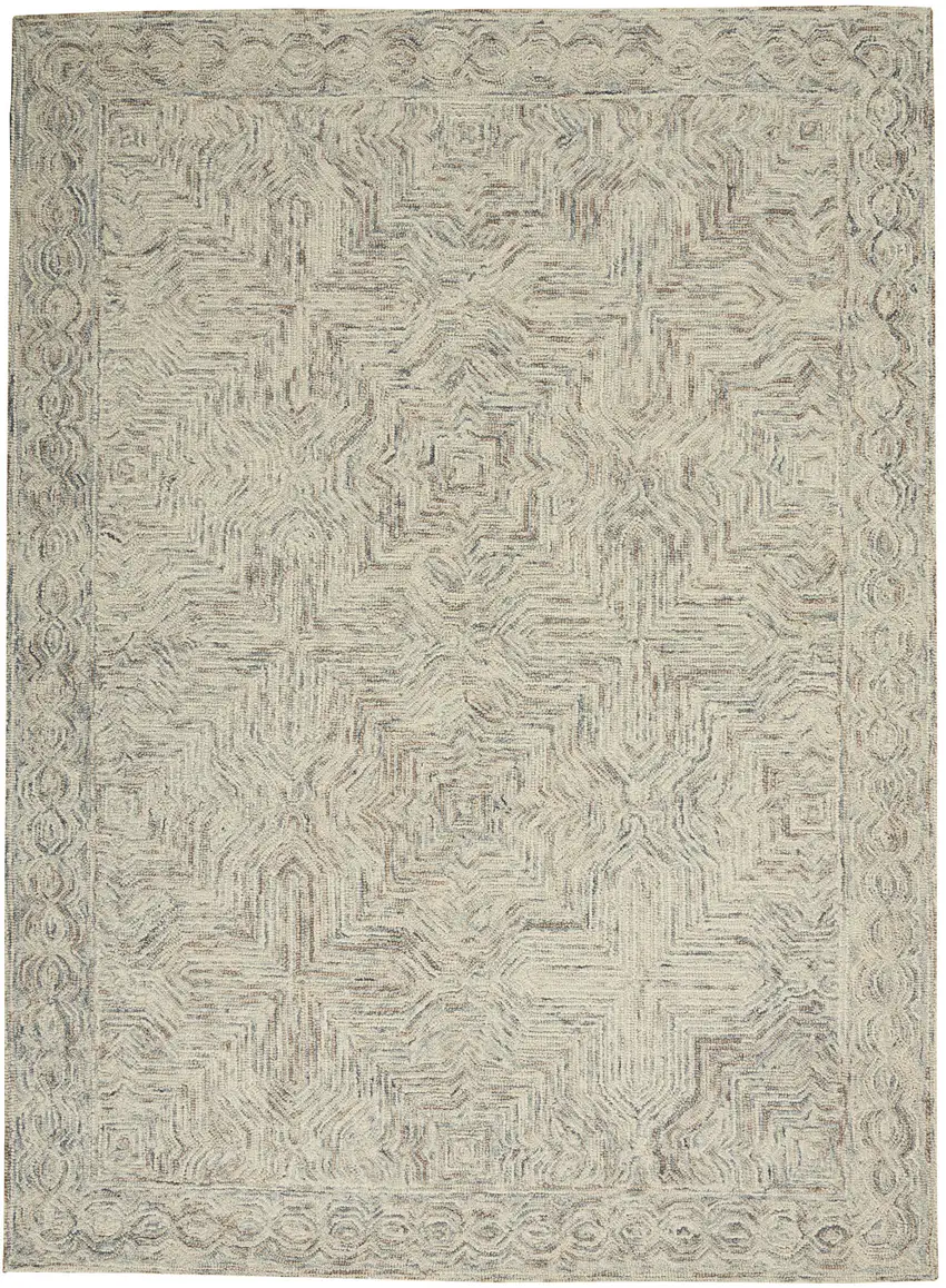 Ivory and Blue Wool Geometric Area Rug Photo 2