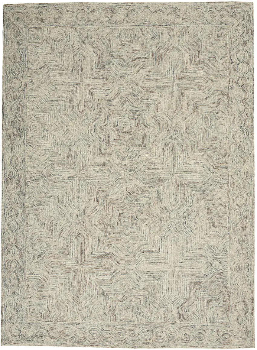 Ivory and Blue Wool Geometric Area Rug Photo 1