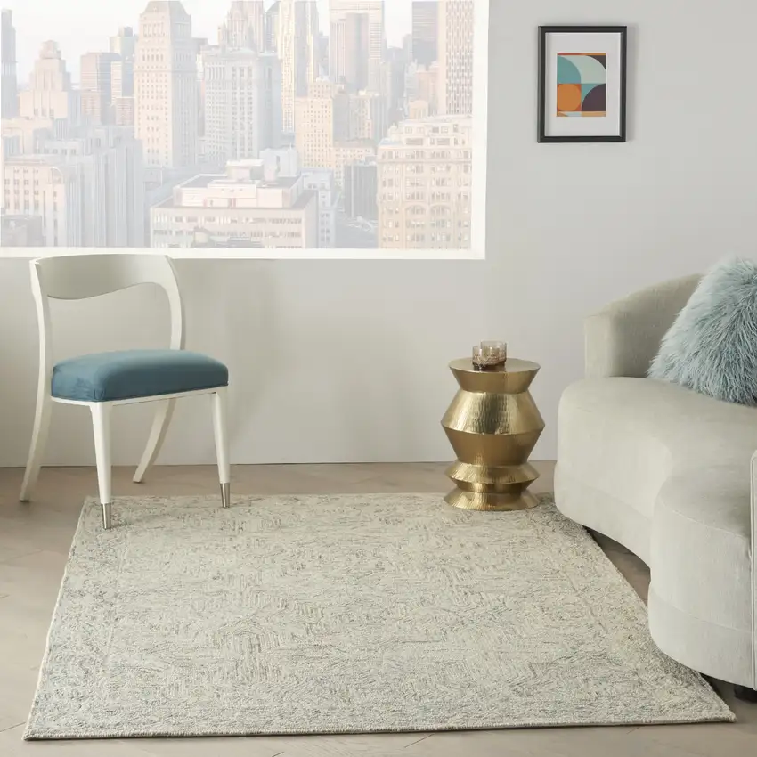 Ivory and Blue Wool Geometric Area Rug Photo 8