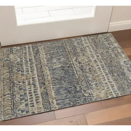 Tan Ivory And Blue Wool Geometric Hand Knotted Area Rug Photo 1