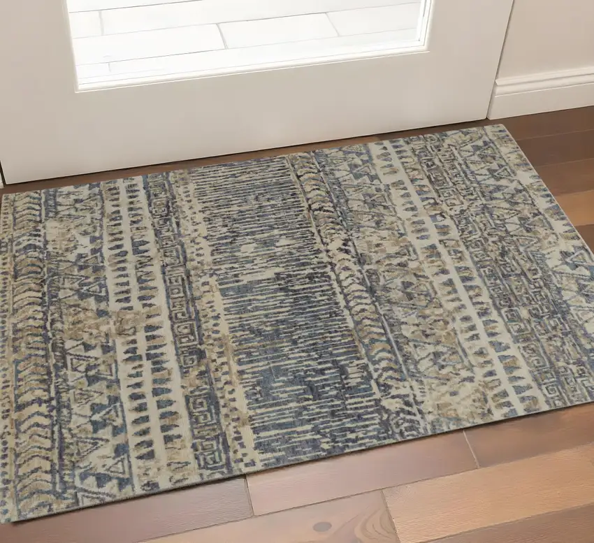 Tan Ivory And Blue Wool Geometric Hand Knotted Area Rug Photo 1
