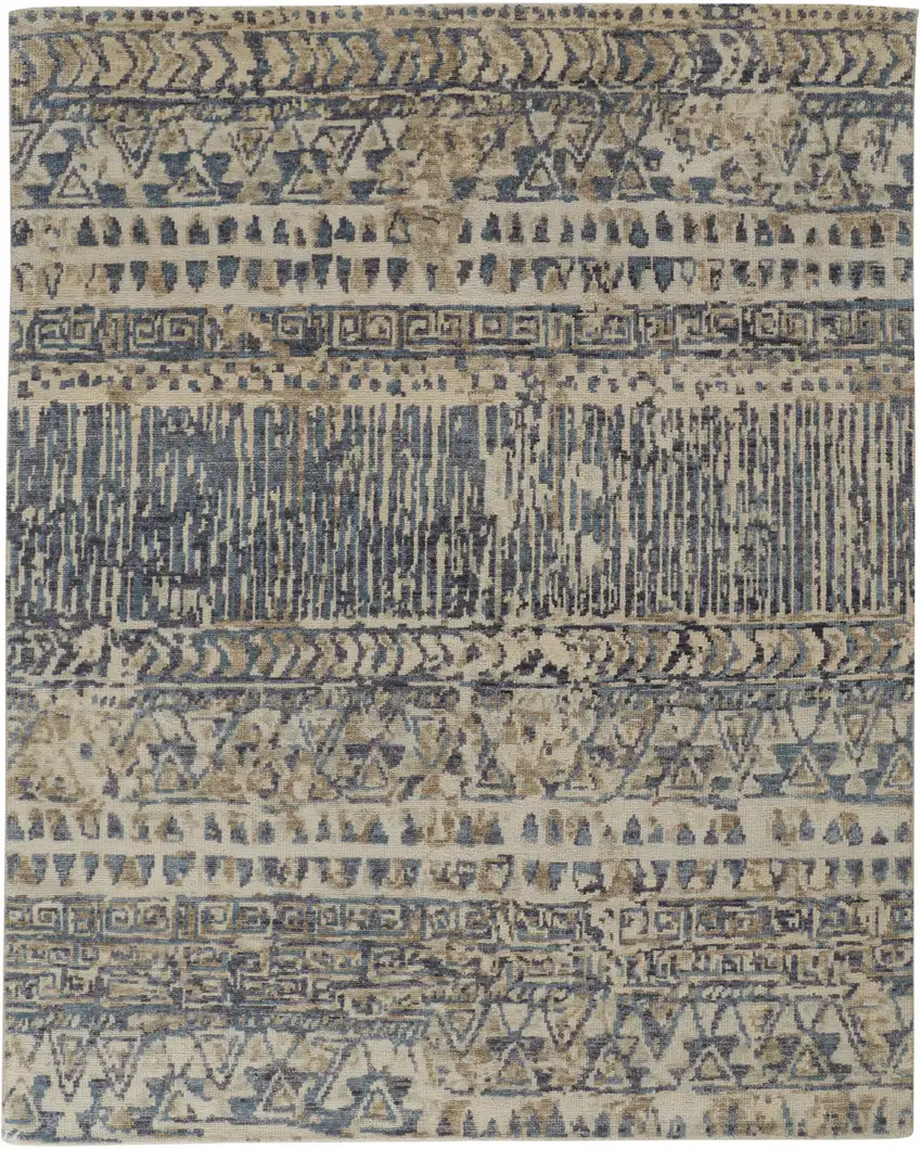 Ivory and Blue Wool Geometric Hand Knotted Area Rug Photo 2