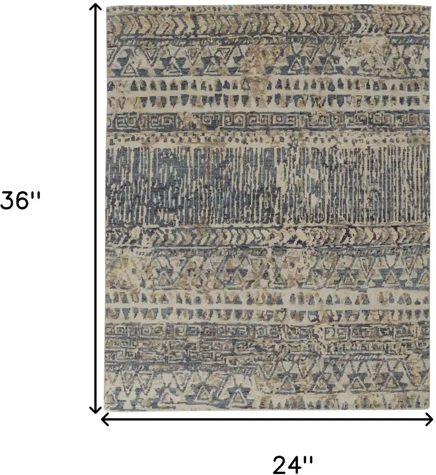 Ivory and Blue Wool Geometric Hand Knotted Area Rug Photo 3